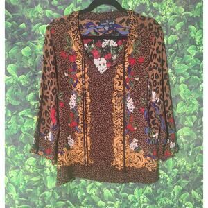 Vintage Carole Little Leopard Baroque Floral & Fruit Print Boho Blouse Top 16